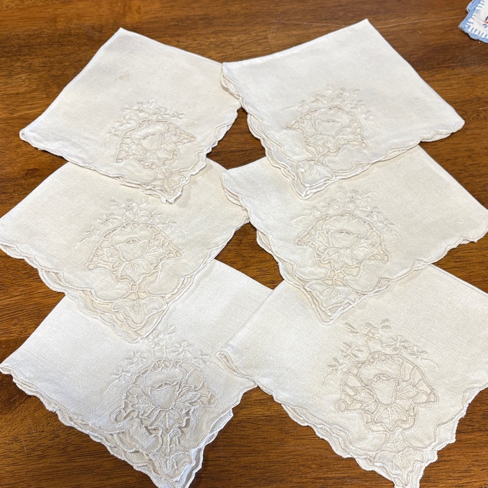 Vintage Cream Linen Embroidered cutwork Napkins Set of 6